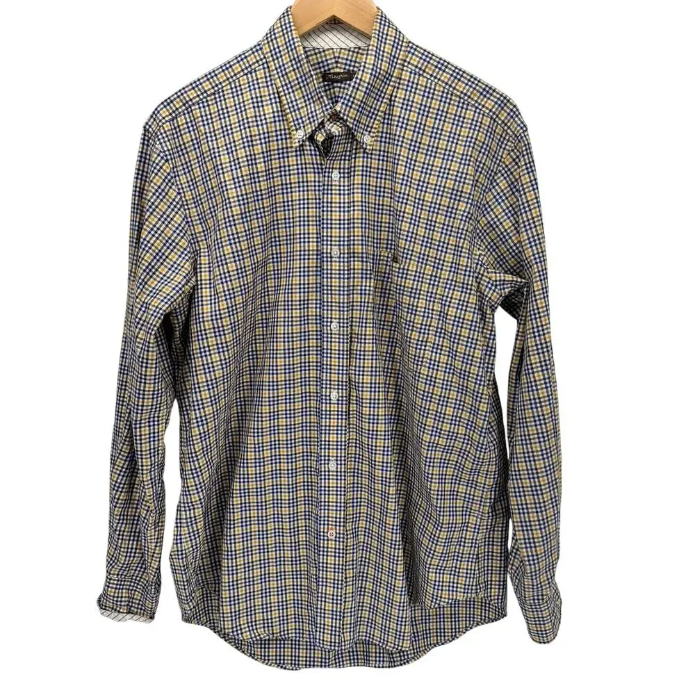 J McLaughlin Shirt Mens Large Button Down Blue Yellow Check Plaid Coastal Cotton